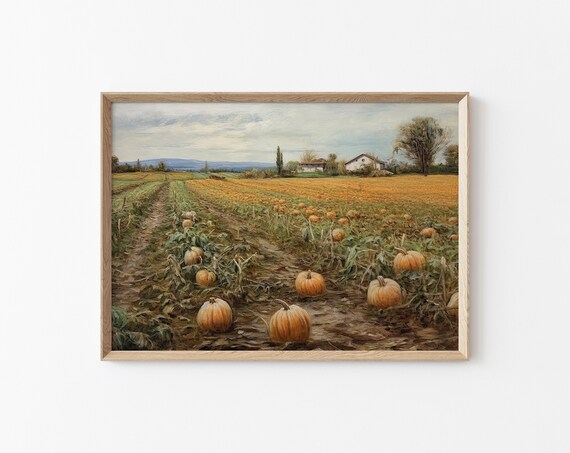 Pumpkin Patch Harvest Field Farmhouses Golden Autumn Country Poster