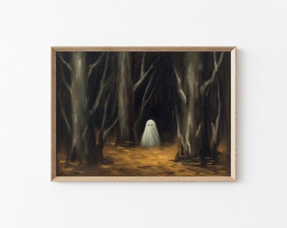 Cute White Ghost Standing In Dark Forest With Golden Leaves Poster
