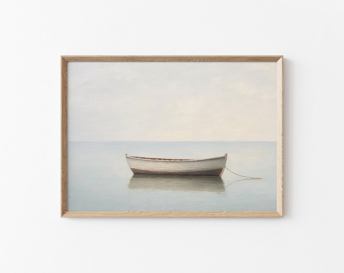 Minimal Boat Painting Vintage Boat Painting Ocean House Wall Decor Print Sea Wall Painting Neutral Minimal Fishing Boat Print