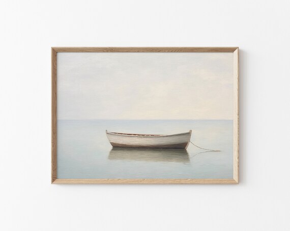Lone White Rowboat on Calm Sea Minimal Coastal Morning Poster