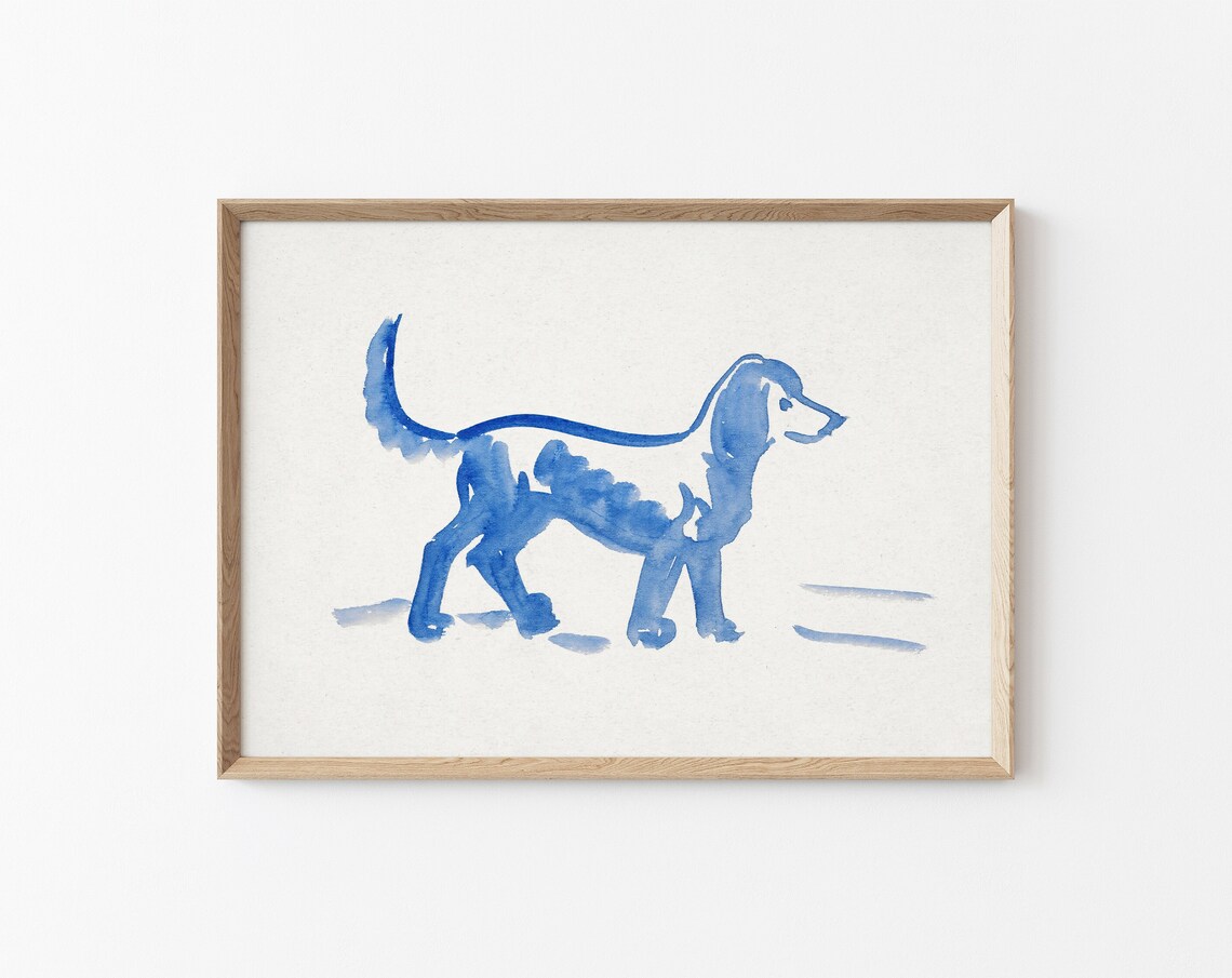 Blue Watercolor Dog Minimal Abstract Line Art Modern Pet Poster
