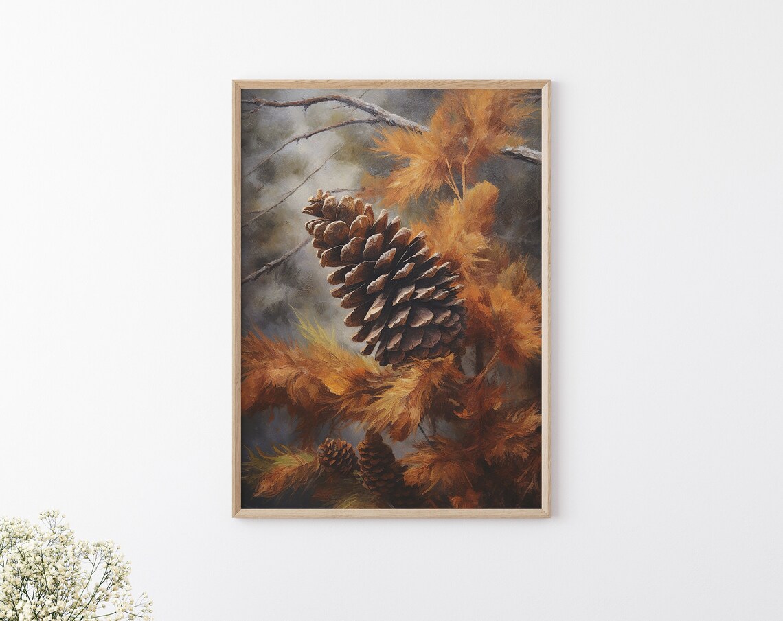 Pine Cones Golden Autumn Foliage Vintage Nature Still Life Poster