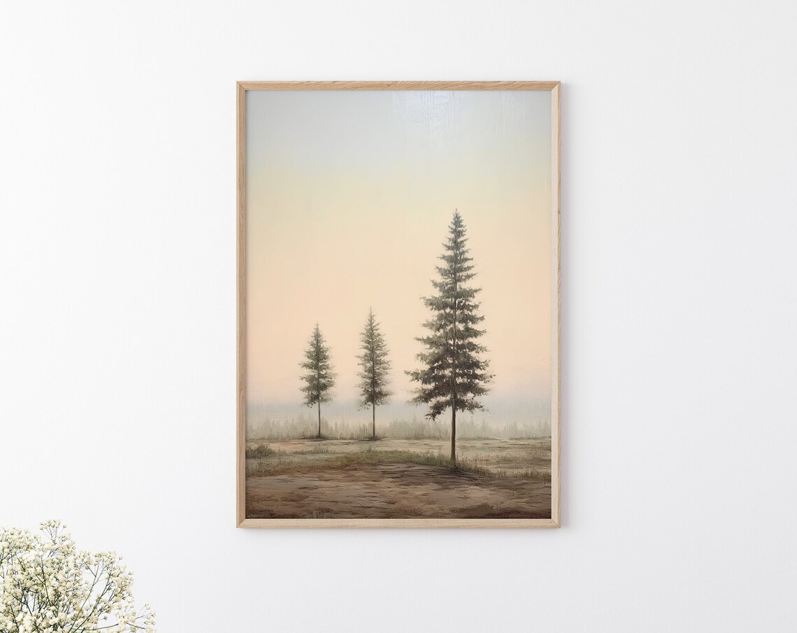 Misty Pine Trees Minimal Forest Foggy Dawn Landscape Wall Art