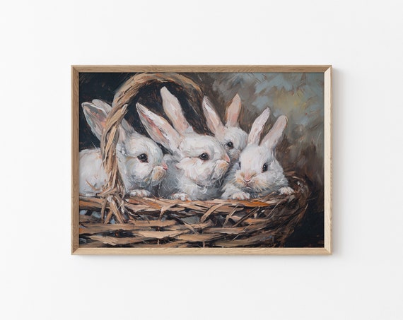 Easter Rabbits Painting Cute White Rabbits Painting Neutral Wall Prints Neutral Farm House Easter Spring Wall Prints