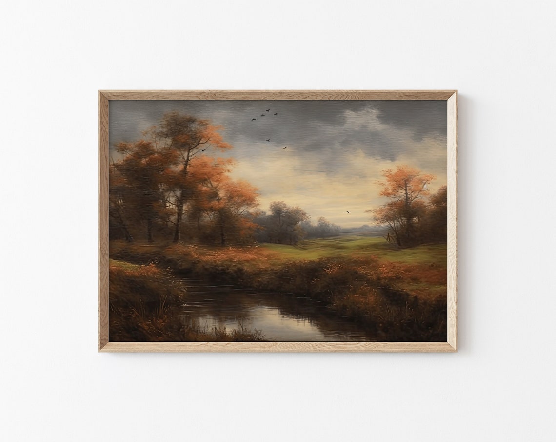 Vintage Autumn Landscape Painting Autumn Oil Painting Fall Season Wall Decor Autumn Landscape Print Fall Season Lake House Art