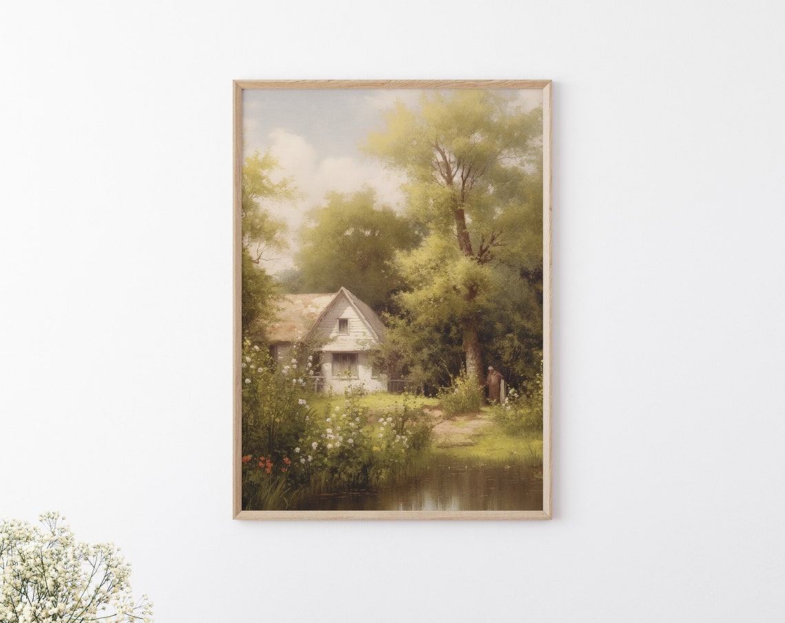 Cottage House Painting Vintage Farmhouse Landscape Painting Landscape Oil Painting Summer Cottage Print Summer Print