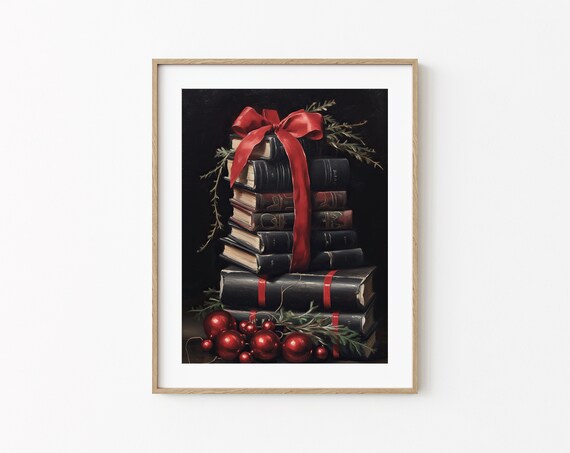 Christmas Stacked Books Painting Vintage Christmas Winter Wall Decor Holiday Season Wall Decoration Dark Academia Moody Book Lover Print