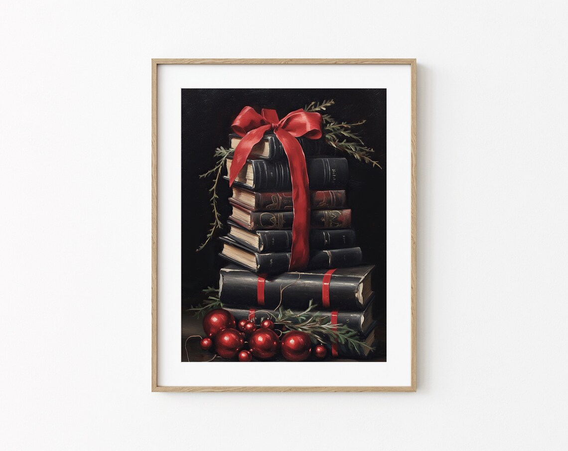 Christmas Books Stack Red Ribbon Dark Academia Holiday Poster