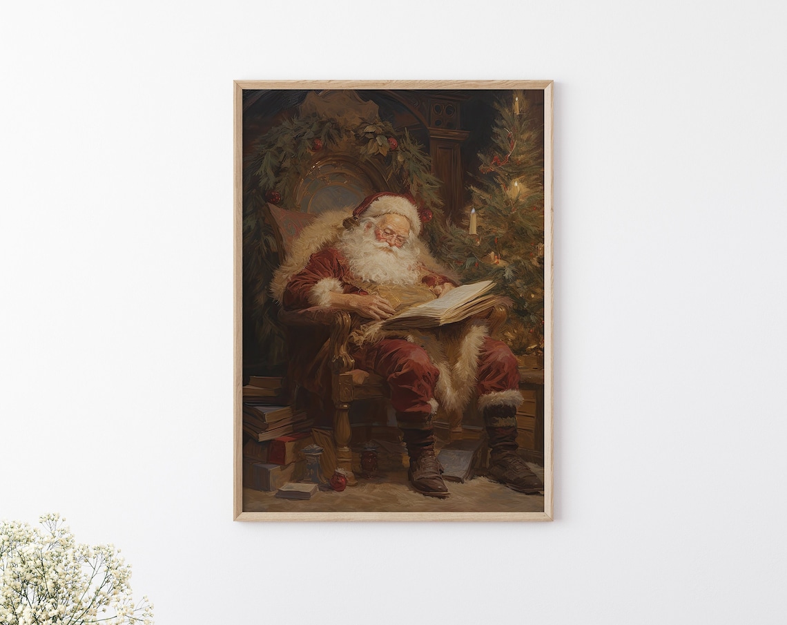Moody Vintage Santa Claus Reading By A Candlelit Christmas Tree Poster