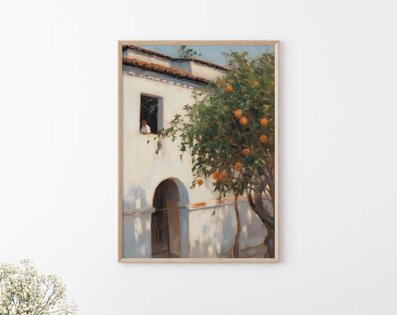 Vintage Spanish House Painting Orange Tree Painting Antique Spanish Painting Kitchen Wall Decor Spanish House And Orange Tree