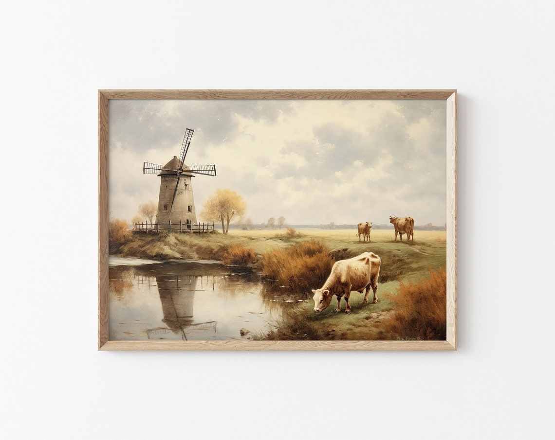 Dutch Landscape Oil Painting Windmill Landscape Painting Autumn Landscape Scenery Painting Vintage Farmhouse Landscape Painting