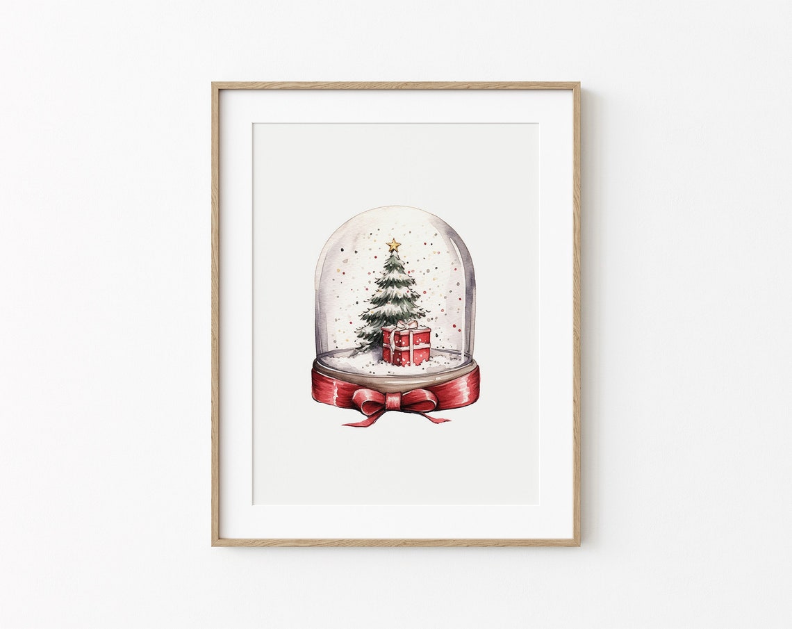 Christmas Tree Snow Globe Watercolor Minimal Holiday Decor Poster