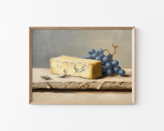 Vintage Cheese Painting Grape And Cheese Still Art Painting Minimal Wall Decor Kitchen Wall Painting Fruit Still Life Painting