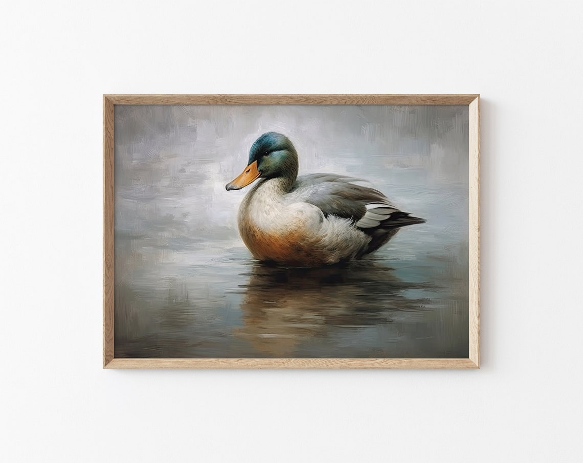 Mallard Duck Swimming On Misty Gray Water Vintage Bird Art Poster