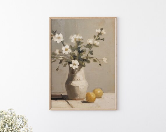 Vintage White Flower Still Life Print Vintage Flower Painting Moody Still Life Painting Neutral Flower Wall Decor