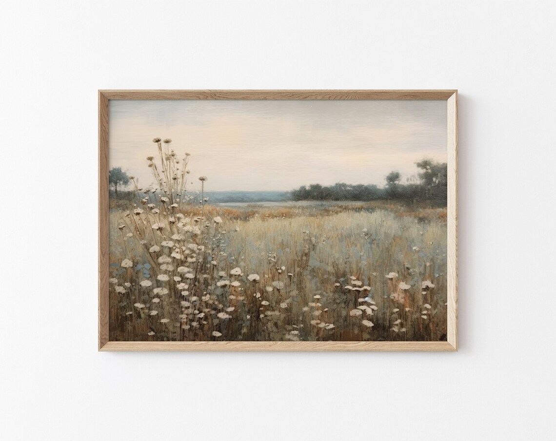 Neutral Wildflower Meadow Field Muted Tonal Vintage Landscape Poster