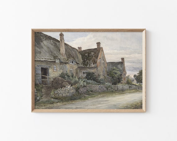 Vintage English Cottage House Print Stone Cottage House Watercolor Painting Neutral Scenery Art Rustic Cottage Wall Decor