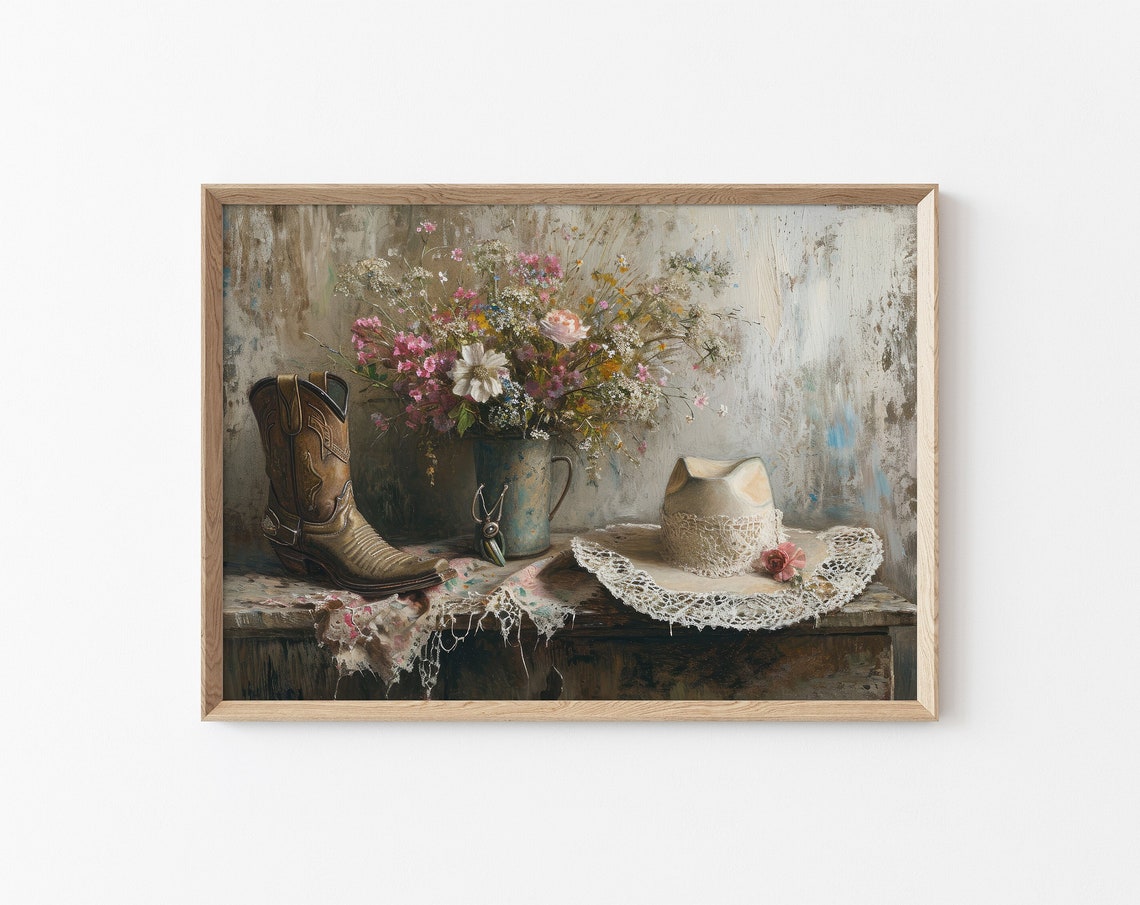 Cowboy Boot Hat And Wildflowers Rustic Still Life Western Decor Poster