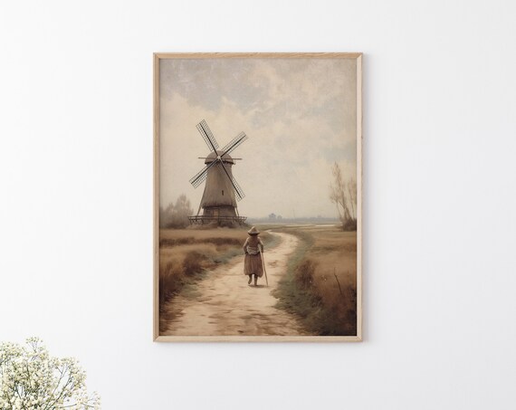 Dutch Landscape Painting Vintage Windmill Landscape Painting Landscape Oil Painting Moody Wall Print Windmill Prints