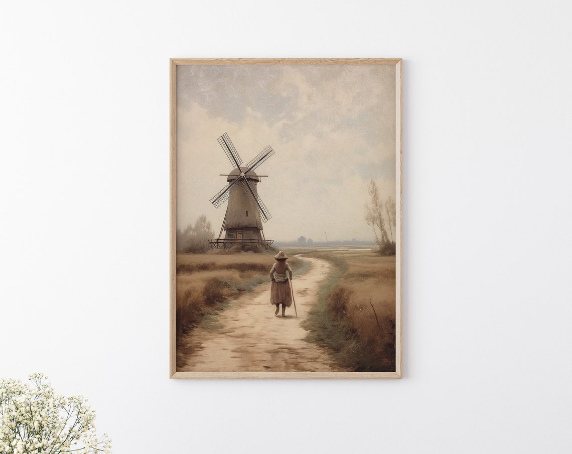 Dutch Windmill Country Path Figure Walking Moody Vintage Poster