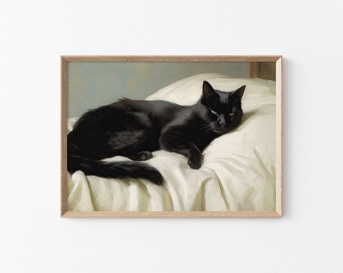 Black Cat Resting On White Bedding Vintage Oil Painting Feline Decor Poster