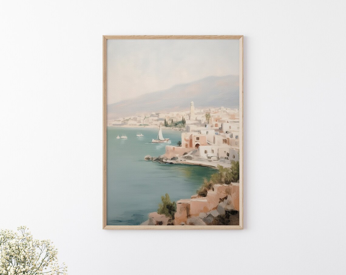 Santorini Greece Coastline With White Houses And Sailboats Travel Poster