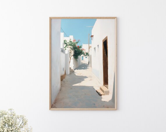 Santorini White Village Street With Bougainvillea Sunny Greek View Poster