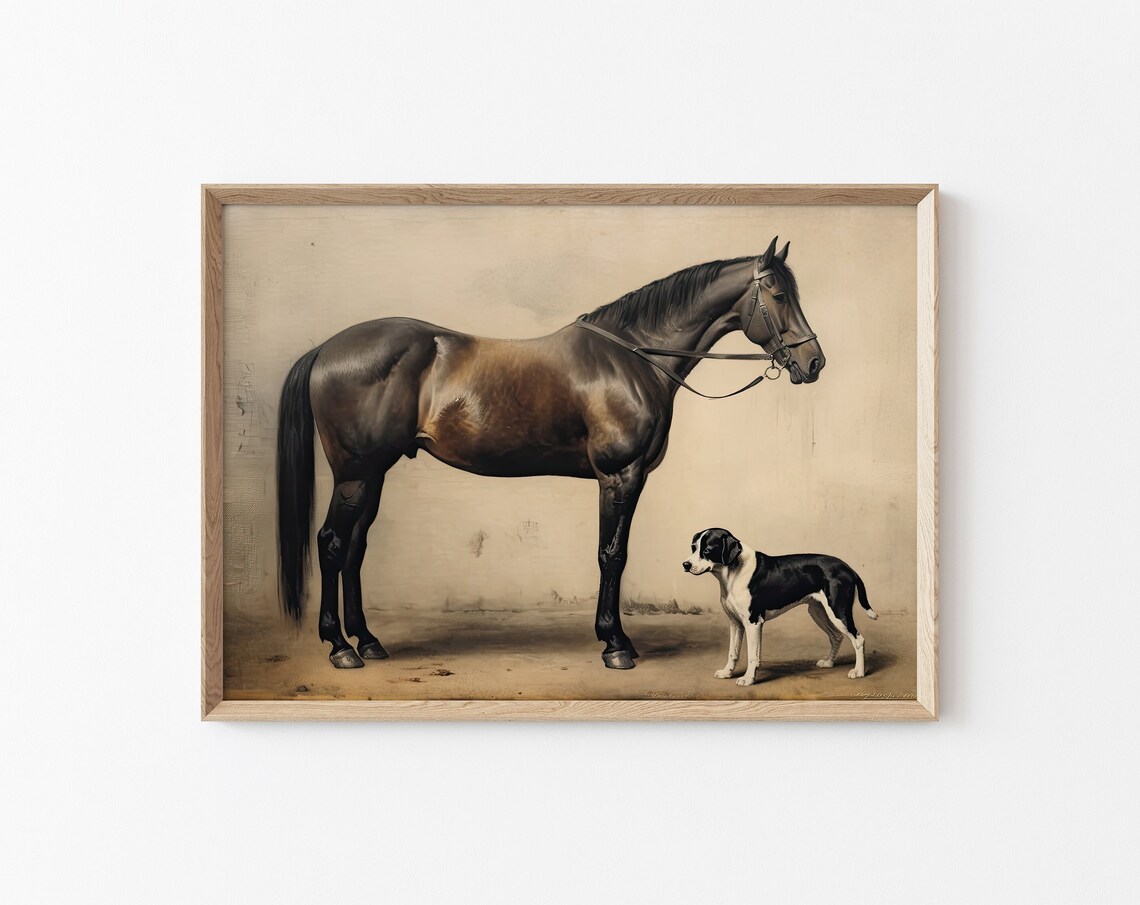 Vintage Horse and Hound Standing Portrait Antique Equestrian Poster