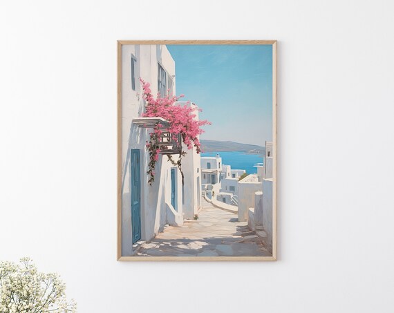 Santorini White Houses With Pink Bougainvillea And Blue Sea View Poster
