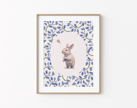 Bunny Holding Pink Rose Watercolor Blue Leaf Border Kids Room Art Poster