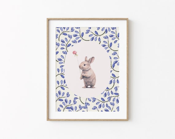 Rabbit Holding Flower Print Nursery Decor Bunny Nursery Room Art Baby Room Wall Art Minimal Cute Flower Kids Wall Decoration