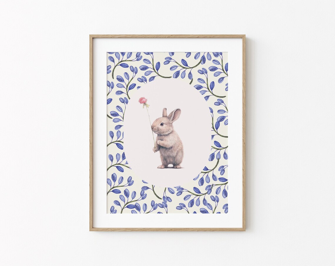 Bunny Holding Pink Rose Watercolor Blue Leaf Border Kids Room Art Poster