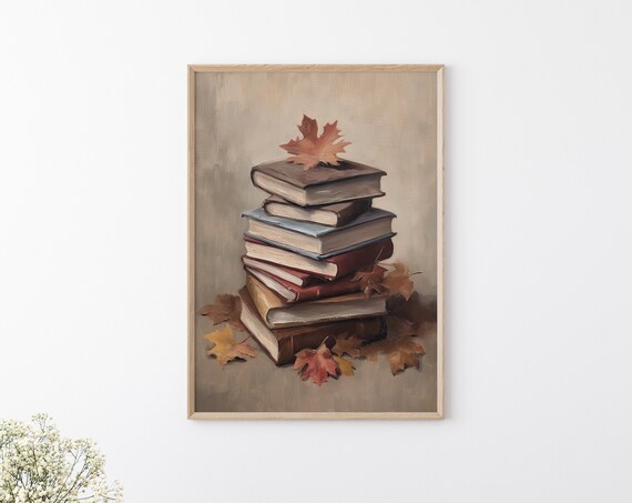 Stack of Vintage Books Autumn Leaves Cozy Fall Reading Poster