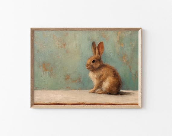 Vintage Rabbit Print Vintage Cute Rabbit Painting Neutral Wall Prints Neutral Antique Farm House Nursery Wall Prints