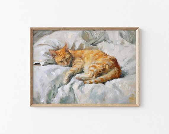 Ginger Tabby Cat Sleeping On White Bedding Vintage Oil Painting Poster