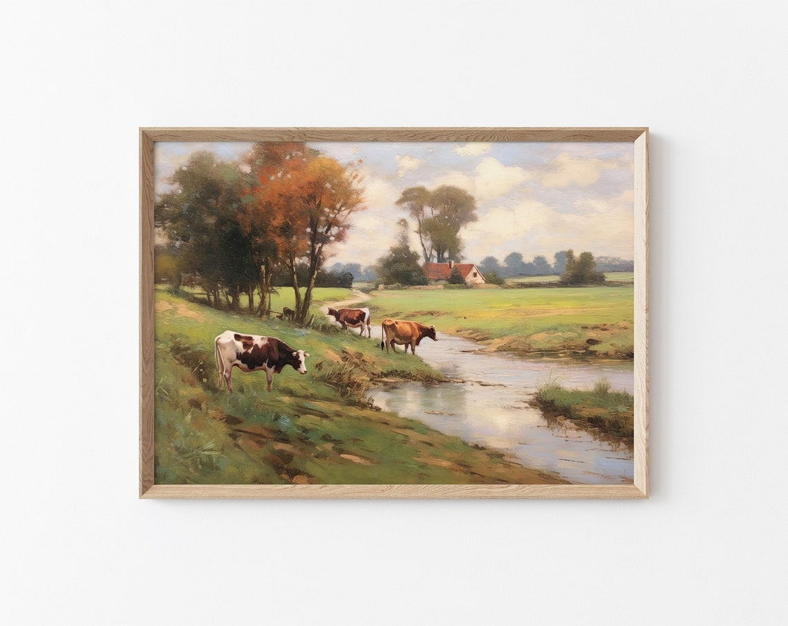 Cows Grazing by River Meadow Farmhouse Autumn Trees Vintage Poster