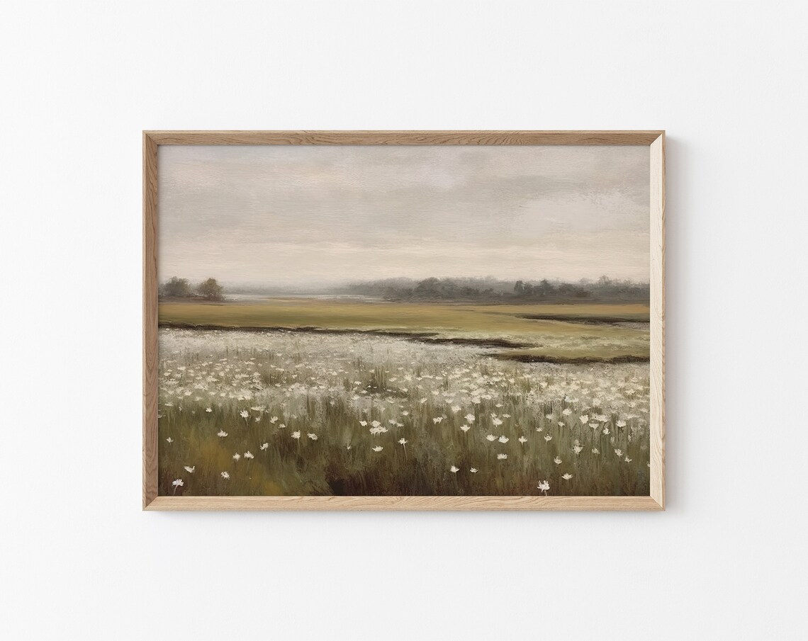 White Wildflower Meadow Grey Sky Soft Spring Vintage Landscape Poster