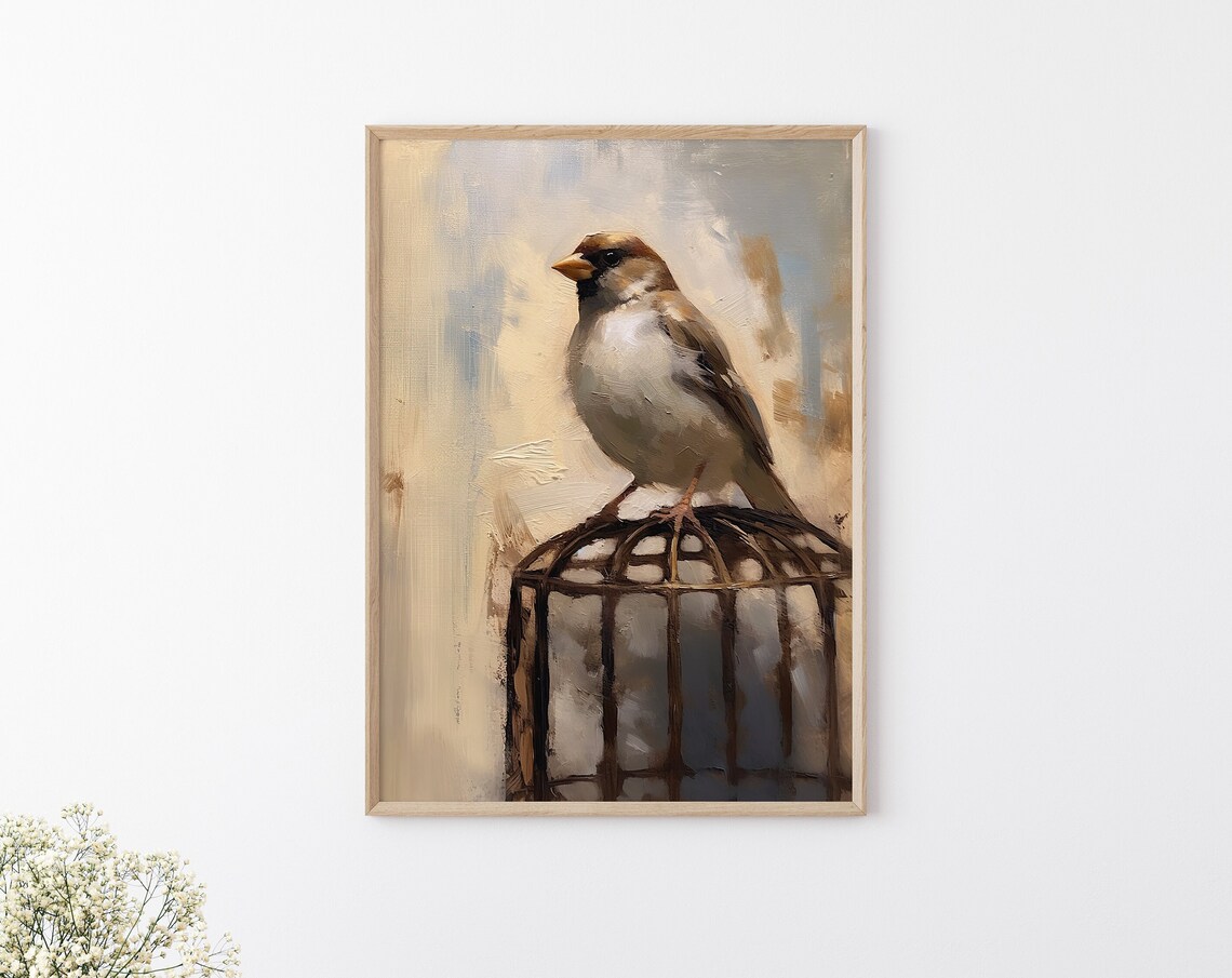 House Sparrow Perched On Vintage Birdcage Moody Bird Painting Poster