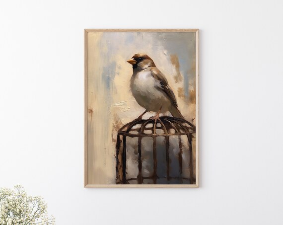 Vintage House Sparrow Print Vintage Bird Painting Moody Still Life Painting Neutral Antique Art Rustic Wall Print