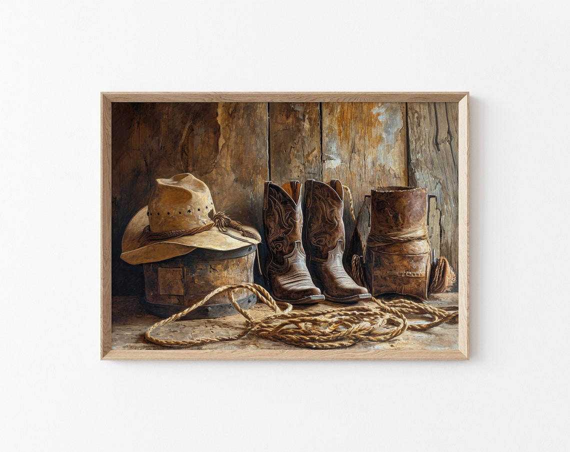 Western Rustic Still Life Arrangement Painting Brown Wall Print Decor Southwestern Earth Toned Oil Painting Print Cowboy Cowgirl Life Art