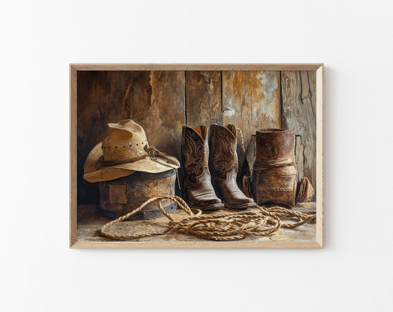Western Rustic Still Life Arrangement Painting Brown Wall Print Decor Southwestern Earth Toned Oil Painting Print Cowboy Cowgirl Life Art