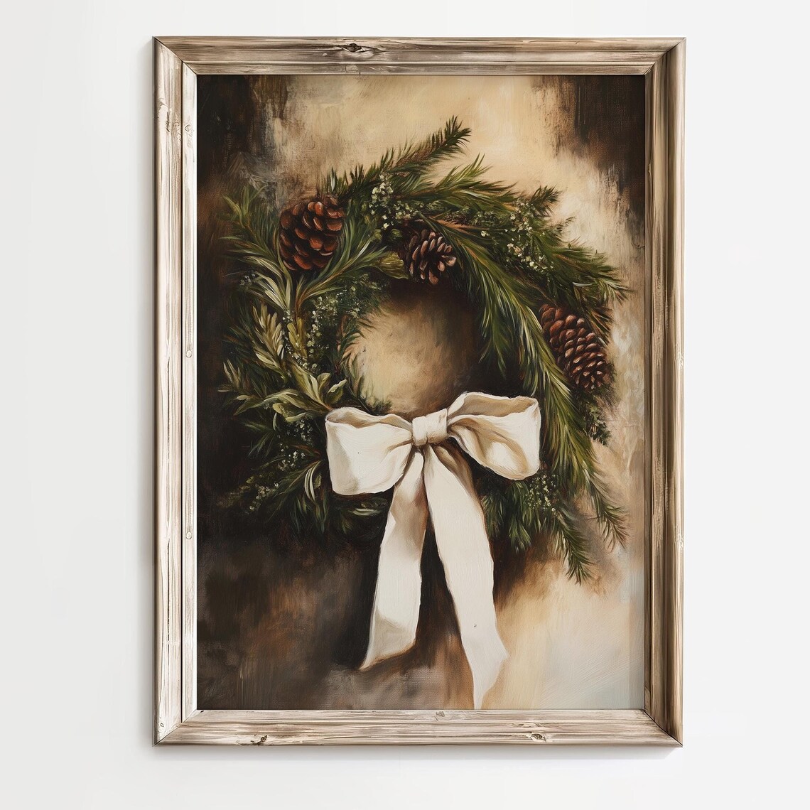 Christmas Evergreen Wreath Pinecones Cream Bow Moody Vintage Poster