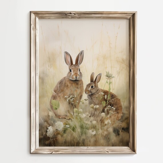 Two Hares in Wildflower Meadow Sweet Cottagecore Wildlife Poster