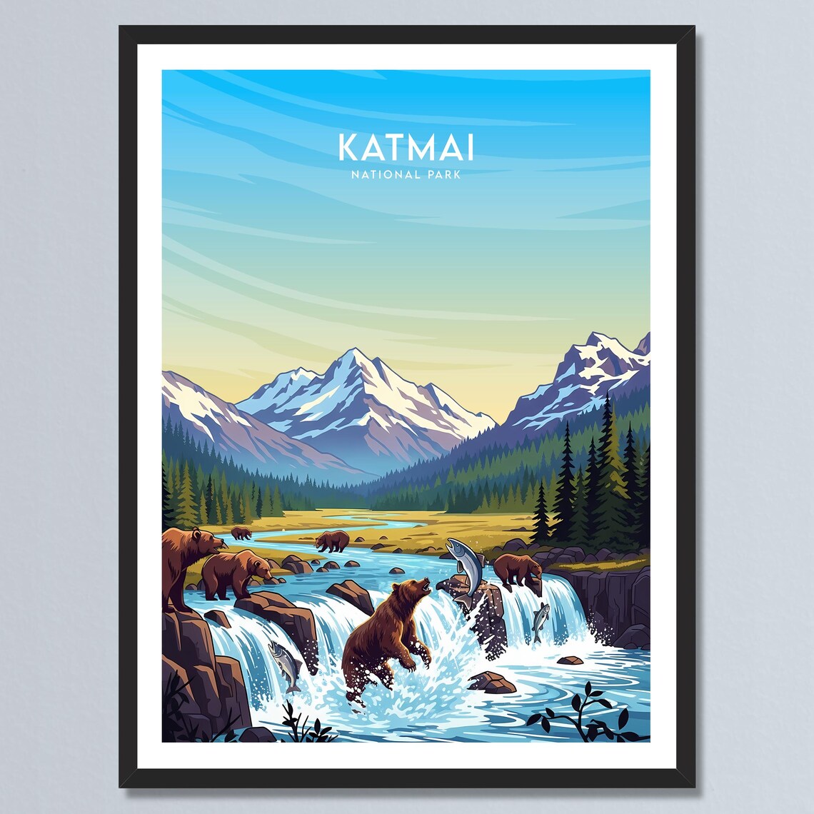 Katmai Alaska Brown Bears Catching Salmon Falls Wildlife Poster