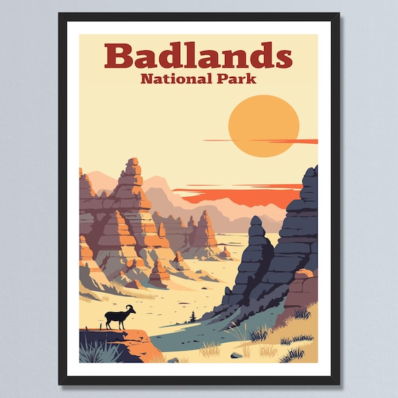 Badlands National Park Desert Buttes Bighorn Sheep Vintage Poster