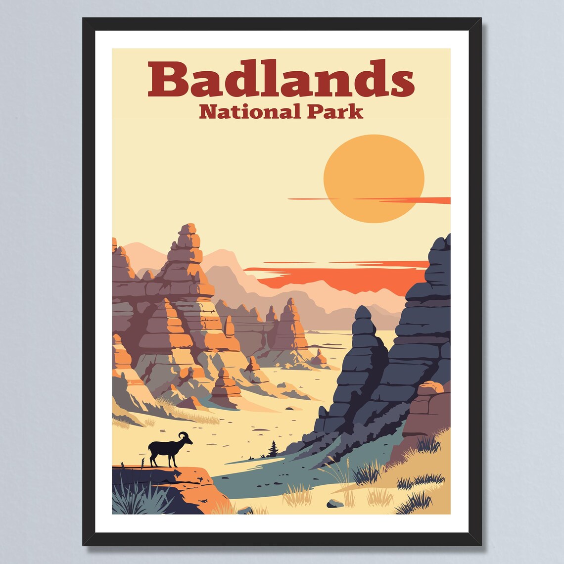 Badlands National Park Desert Buttes Bighorn Sheep Vintage Poster
