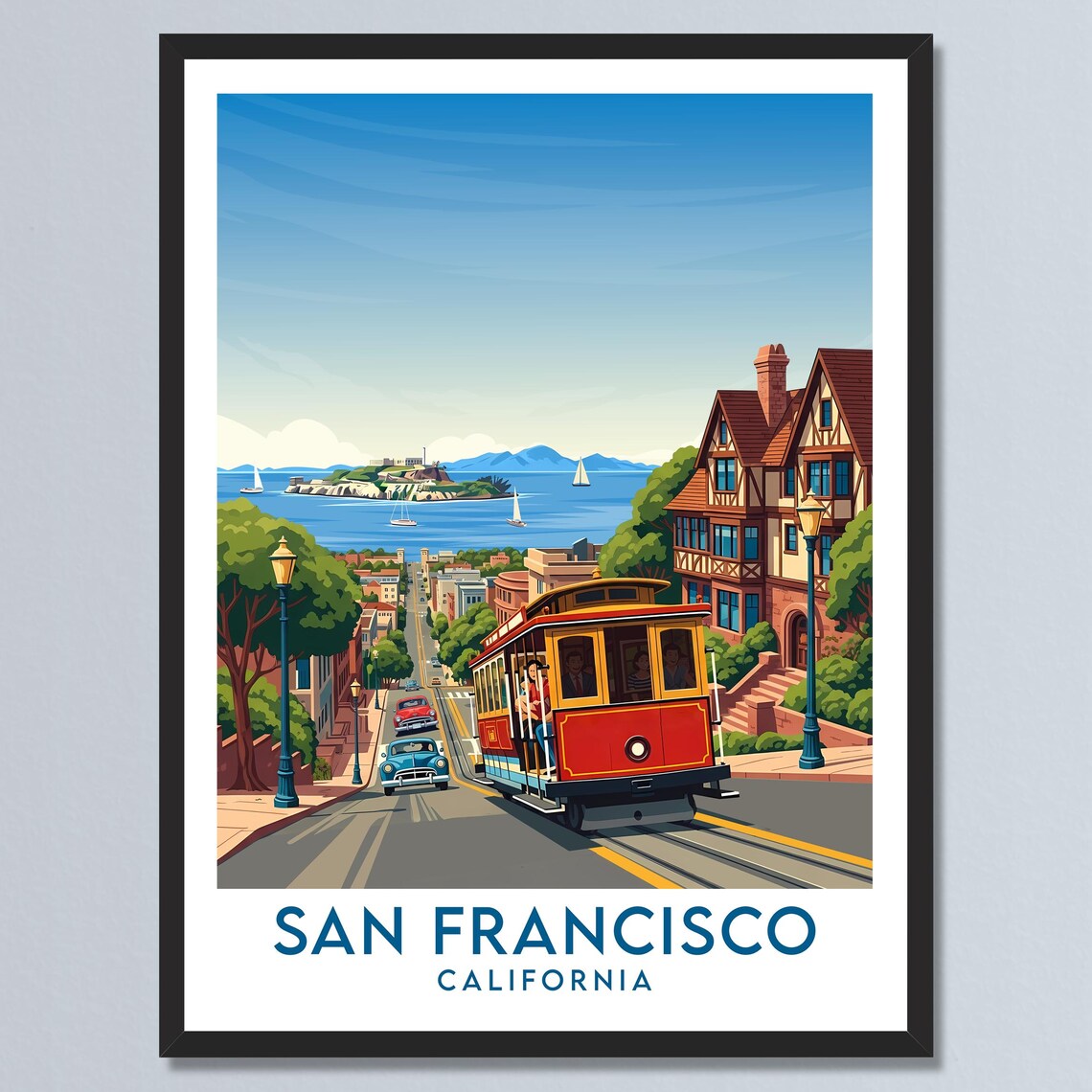 San Francisco Cable Car Alcatraz Bay Street Retro Travel Poster