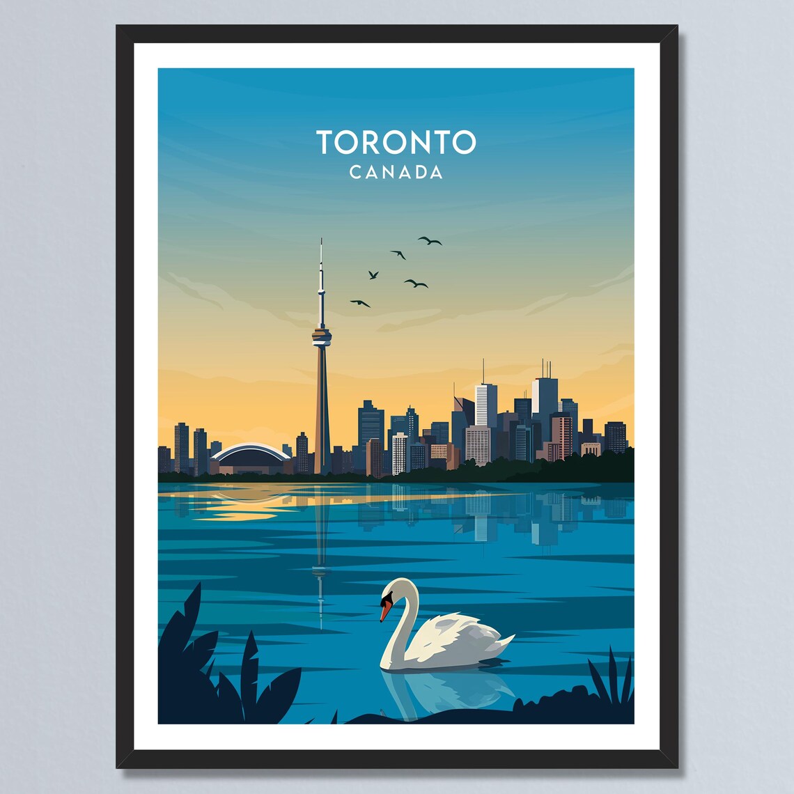 Toronto Canada CN Tower Skyline Swan Lake Sunset Travel Poster