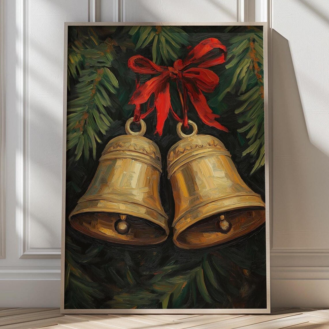 Golden Christmas Bells With Red Bow Hanging On Dark Pine Poster