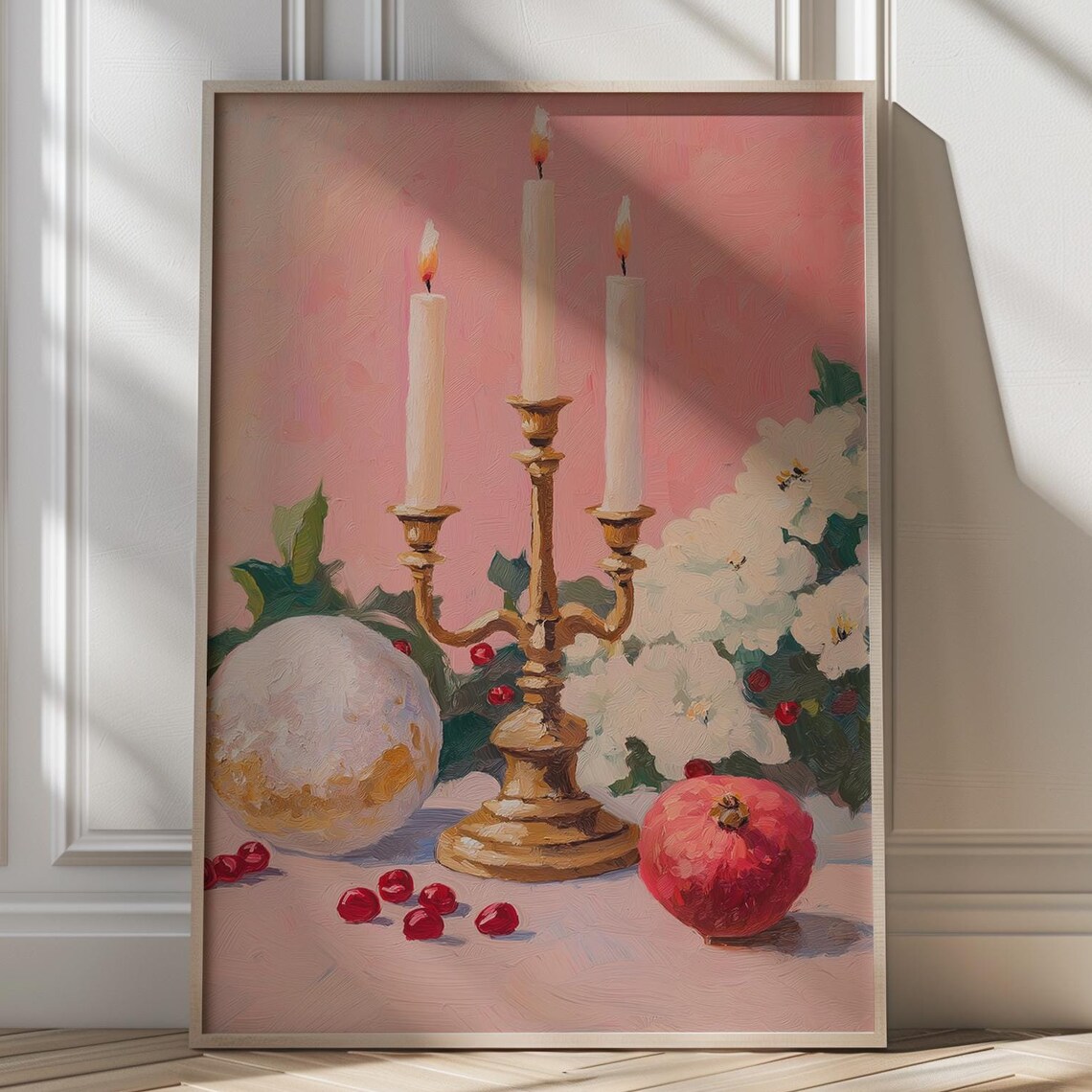 Golden Candelabra With Lit Candles And Pomegranate Still Life Poster
